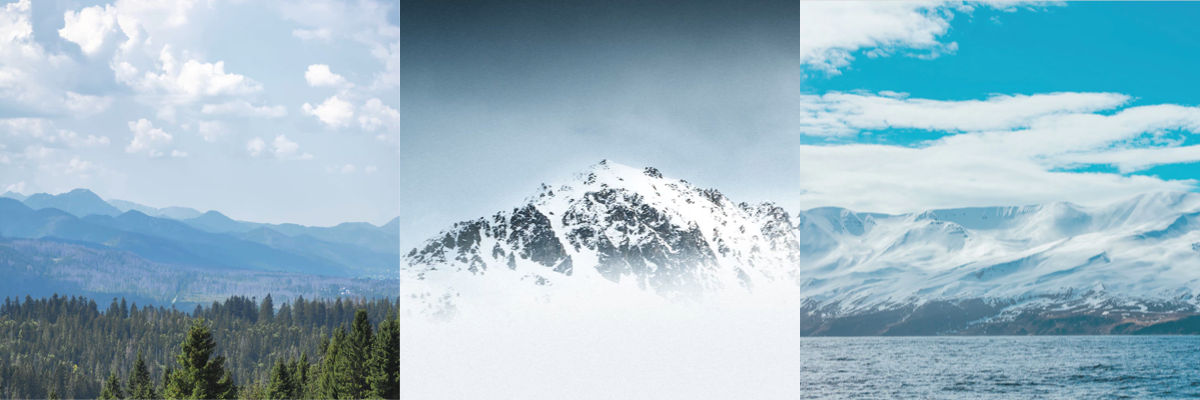 Mountains overlooking a evergreen forest. A snow covered mountain top seen through clouds. A mountain with rolling clouds seen from the ocean.
