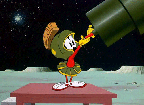 Martian from Loony Toons looking through telescope.