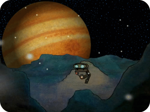 A little rover sitting on Europa seeing Jupiter in the background